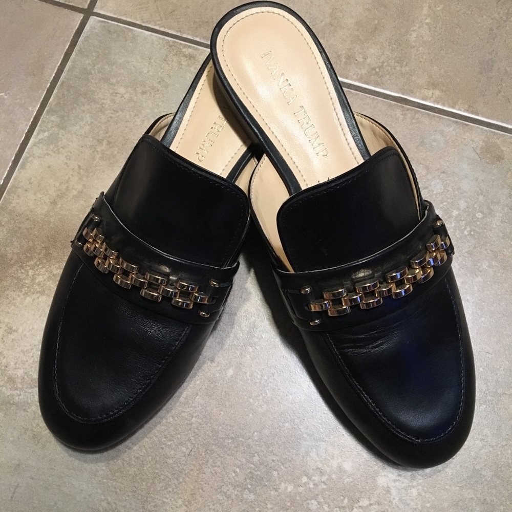 Ivanka soft black leather with gold chain mules